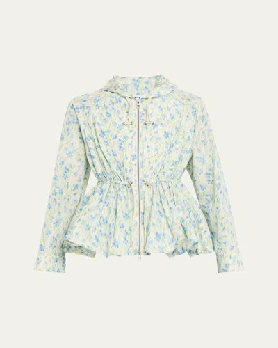 Loewe Floral Ruched Peplum Hooded Jacket In Blue