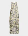 Loewe Floral Print Hoop Skirt Maxi Chiffon Silk Dress In Black Multicolor