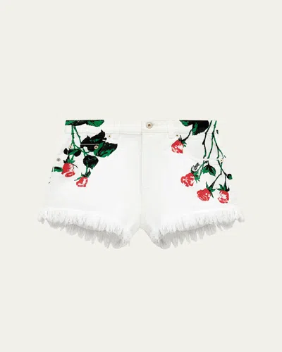 LOEWE FLOWER-PRINT FRINGED PEEKABOO DENIM SHORTS