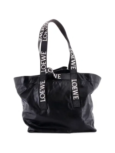 Pre-owned Loewe Fold Logo Strap Leather Large Tote Bag In Black