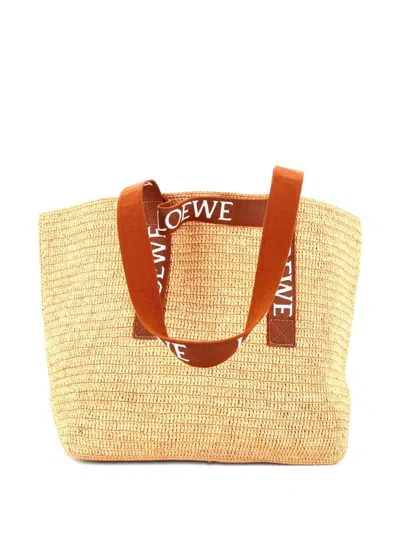 Pre-owned Loewe Fold Logo Strap Raffia Large Tote Bag In Neutral