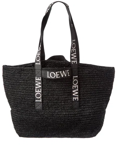 Loewe Fold Raffia Shopper Tote In Black