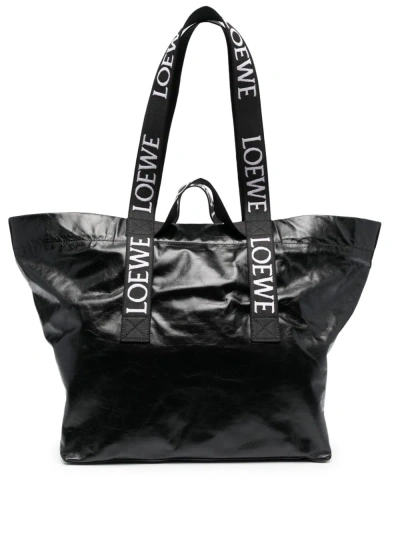 Loewe Fold Shopper Paper Calfskin Tote Bag In Black