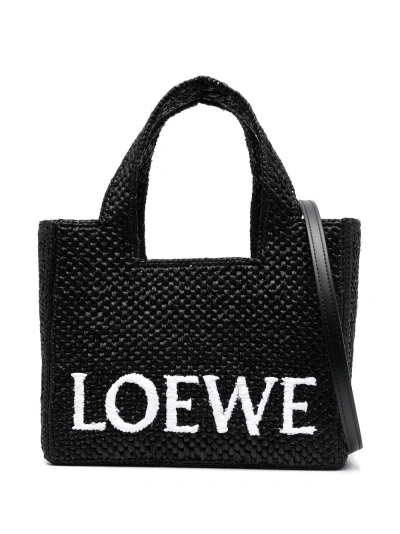Loewe Font Small Raffia Tote Bag In Black