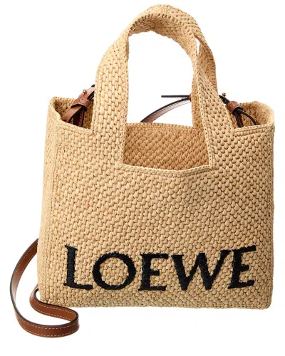 Loewe Mini Signature Font Raffia Tote Bag In Brown