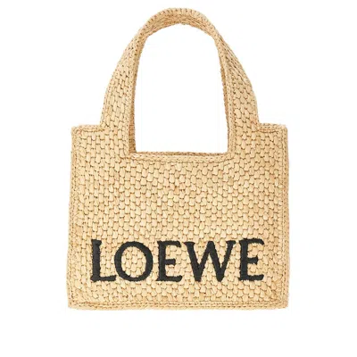 Loewe Mini Signature Font Raffia Tote Bag In Brown