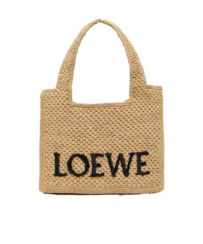 Loewe Mini Signature Font Raffia Tote Bag In Brown
