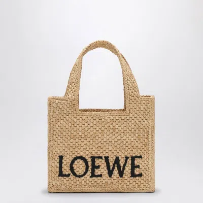 Loewe Mini Signature Font Raffia Tote Bag In Brown