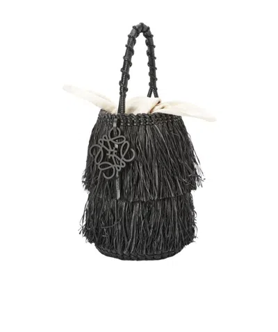 Loewe Frayed Bucket Bag In Raffia And Calfskin In Black