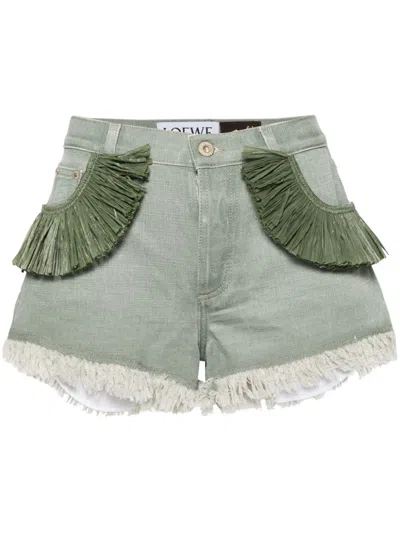 Loewe Frayed Denim Shorts In Olive