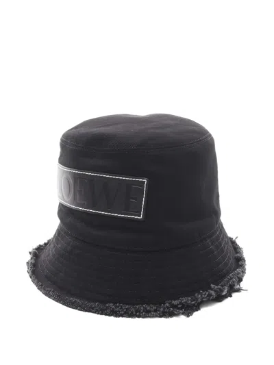Pre-owned Loewe Frayed Leather Logo-patch Bucket Hat In Black