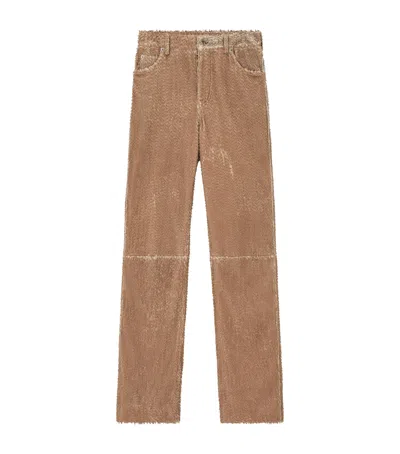 Loewe Frayed Leather Trousers In Beige
