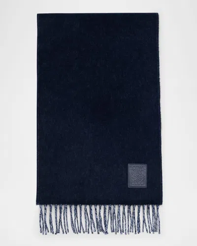 Loewe Fringed Wool & Cashmere Scarf In Light Blue Navy Blue