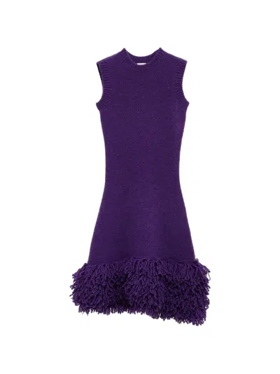 Loewe Sleeveless Knit Mini Dress With Fringed Detail And Asymmetric Hem In Purple