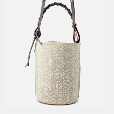 Pre-owned Loewe Gate Bucket Bag Anagram 2way Handbag Beige/black Canvas Leather In Sand