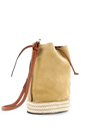 Pre-owned Loewe Gate Leather And Suede With Raffia Medium Bucket Bag In Brown