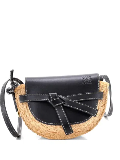 Pre-owned Loewe Gate Leather Shoulder Leather With Raffia Mini Crossbody Bag In Black