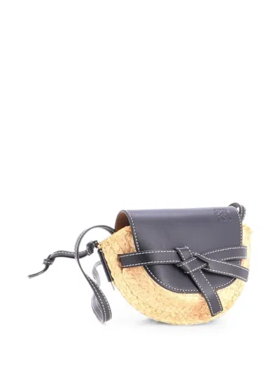 Pre-owned Loewe Gate Leather Shoulder Leather With Raffia Mini Crossbody Bag In Black