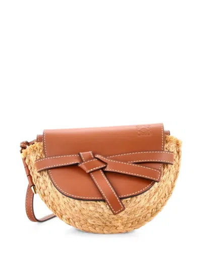 Pre-owned Loewe Gate Leather Shoulder Leather With Raffia Mini Crossbody Bag In Brown