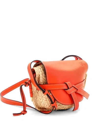 Pre-owned Loewe Gate Leather With Raffia Small Shoulder Bag In Neutral
