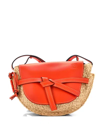 Pre-owned Loewe Gate Leather With Raffia Small Shoulder Bag In Neutral