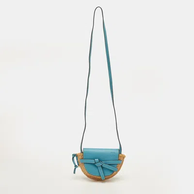 Pre-owned Loewe Gate Mini Blue/beige Leather And Woven Raffia Shoulder Bag
