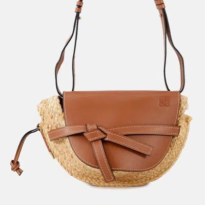 Pre-owned Loewe Gate Shoulder Bag Tan/natural Raffia Leather Size Small In Brown