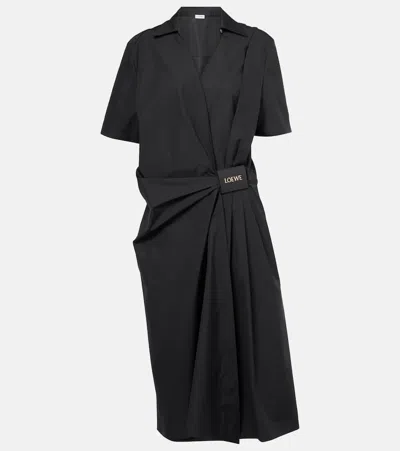 Loewe Gathered Cotton Poplin Wrap Dress In Black