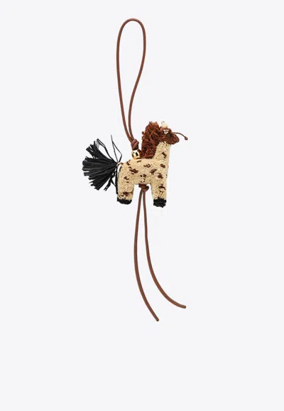 Loewe Giraffe Bag Charm In Raffia And Calfskin In Brown