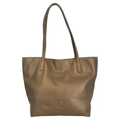 Pre-owned Loewe Gold Bronze Pinked Edge Buttery Soft Leather Small Anagram Tote In Brown