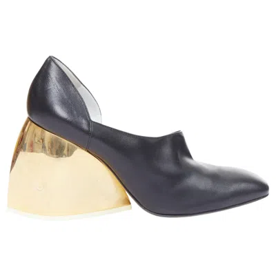 Pre-owned Loewe Gold Curved Heel Black Leather Slip On Heeled Shoes Eu39