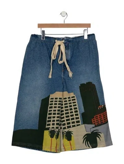 Pre-owned Loewe Graphic Print Denim Shorts In Blue