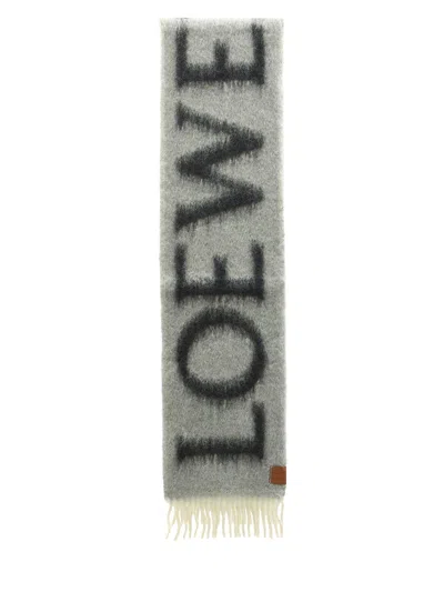 Loewe Gray Wool & Mohair Scarf With Fringed Edges & Embossed Leather Tab In Grey
