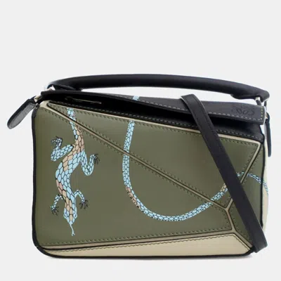 Pre-owned Loewe Green Paulas Ibiza Mini Tricolor Calfskin Lizard Puzzle Satchel