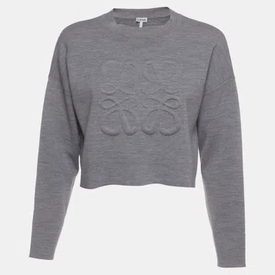 Pre-owned Loewe Grey 3d-embossed Anagram Wool Knit Cropped Sweater Xs