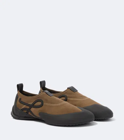 Loewe Grip Aqua Rubber-trimmed Stretch Suede Sneakers In Brown