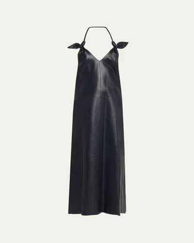 Loewe Flamenco Open-back Knotted Leather Dress In Blue