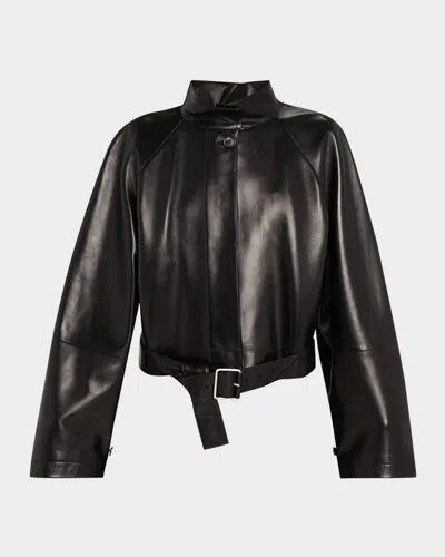 Loewe High-neck Leather Belted Crop Trench Jacket In Black