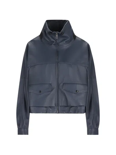 Loewe High-collar Leather Jacket In Blue