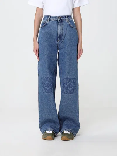 Loewe High-waisted Baggy Jeans In Cotton Denim With Embroidered Logo In Blue