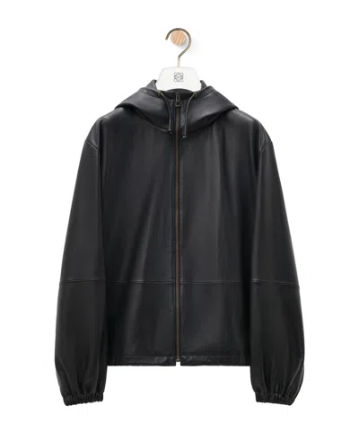 Loewe Hoded Zipper Leather Jacket In Black