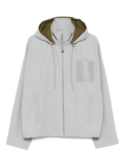 Loewe Logo-debossed Leather-trimmed Cotton-twill Hooded Jacket In Gray