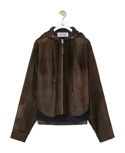Loewe Hooded Jacket In Hairy Calfskin In Burgundy