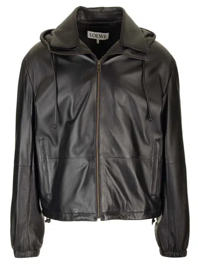 Loewe Hooded Zipped Leather Relaxed Fit Jacket In Black