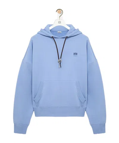 Loewe Anagram-embroidered Leather-trimmed Cotton-jersey Hoodie In Blue