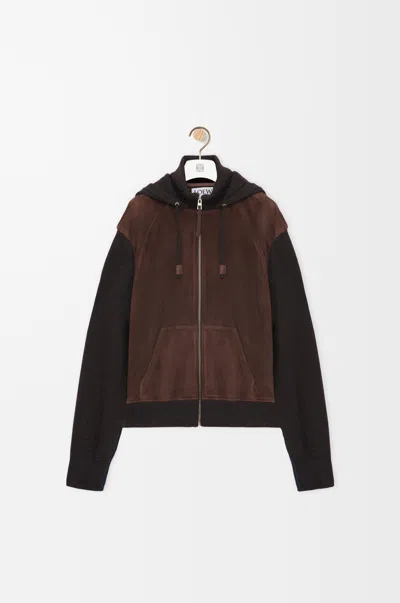 Loewe Hybrid Zip-up Hoodie In Suede Goatskin And Wool Blend In Brown