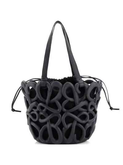 Pre-owned Loewe Inflated Anagram Cut Out Basket Rubber And Leather Small Tote Bag In Black
