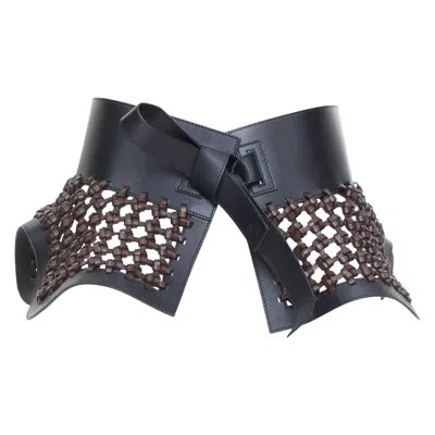 Pre-owned Loewe Jw Anderson Black Brown Woven Leather Wide Peplum Obi Corset Waist Belt