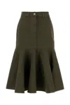 Loewe Womens Khaki Green Garment-dyed Ruffle-hem Denim Midi Skirt