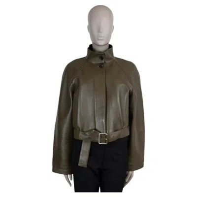 Pre-owned Loewe Khaki Green Leather 2025 Belted Cropped Trench Jacket 36 Xs